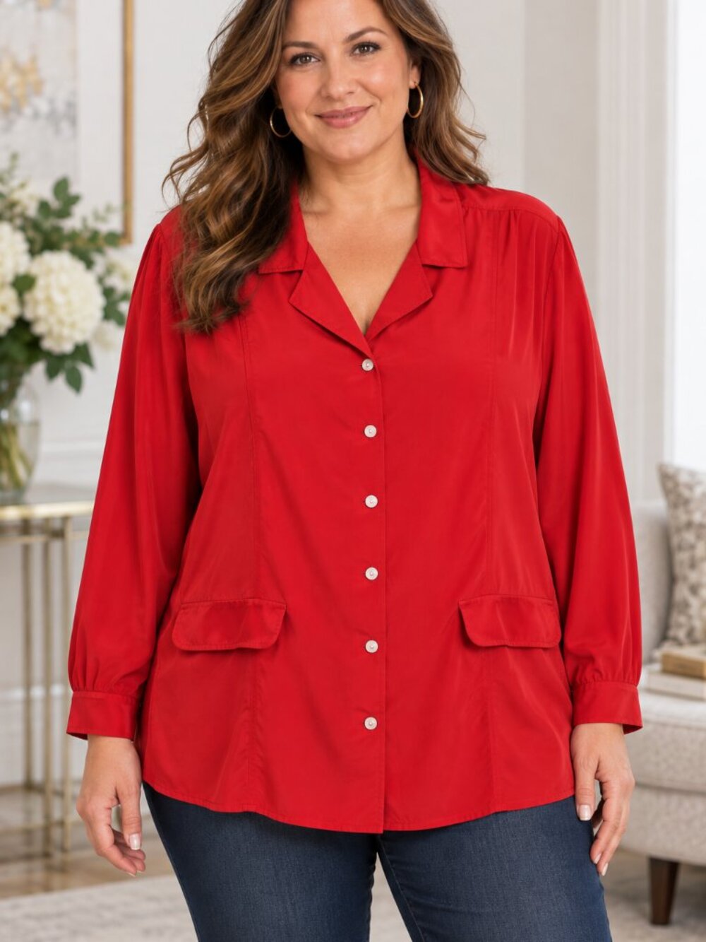 NWT Notations Women’s Size 16W Red Button Front Blouse Shirt Long Sleeve Dressy